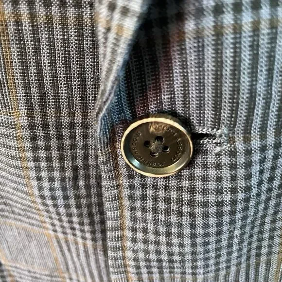 Joseph Abboud Sport Coat Mens Medium Blue 100% Linen Plaid Elbow Patches Jacket